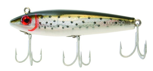 MIRROLURE Mirrolure TT-18 Spotted Trout TT Sinking Twitchbait, close-up of the fishing lure showing its detailed design and treble hooks.