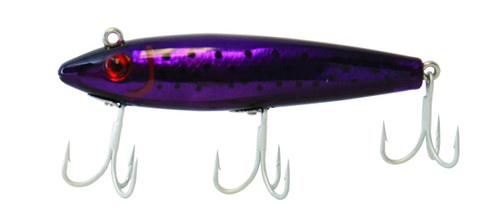 MIRROLURE Mirrolure TT-PD Spotted Trout TT Sinking Twitchbait, purple and black fishing lure with red eyes and treble hooks.