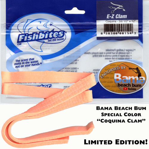 FISHBITES Fishbites E-Z Clam Coquina Longer Lasting, product packet with fish bait strips and a sample of the coquina clam scented bait, endorsed by Bama beach bum