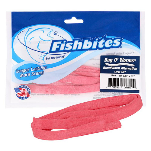 FISHBITES Fishbites Bag O'Worms Longer Lasting Fish Bait with Worms, pink color, in packaging displaying product details.