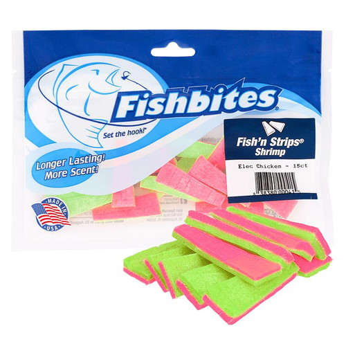 FISHBITES Fishbites Fish 'n' Strips, colorful shrimp-shaped fishing bait in pink and green on a clear package with blue branding.