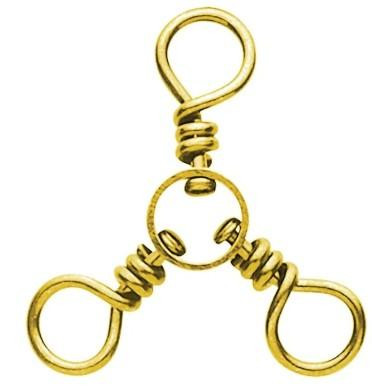 EAGLE CLAW Eagle Claw 3-Way Swivel, gold-colored fishing swivel with three rotating rings for 360-degree movement and enhanced fishing line flexibility.