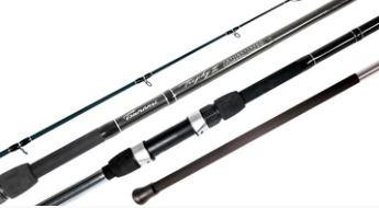 TSUNAMI Tsunami Trophy II Spinning Rod, image of a black and silver fishing rod with a sleek design and multiple sections for spinning fishing
