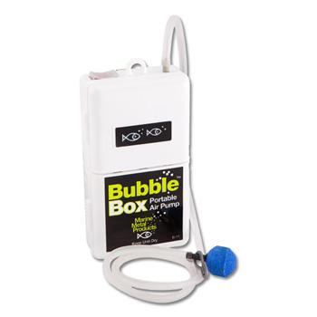Marine Metal B-11 Bubble Box Air, portable aquarium bubble aerator device with a white rectangular body, black humorous fish graphic, and a connected hose with a blue air stone.