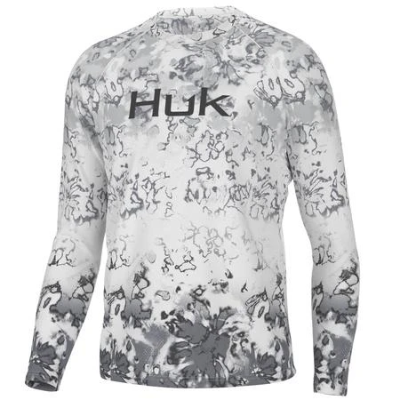 HUK FIN AMERICA FADE PURSUIT, long sleeve athletic shirt with a white and gray abstract fade pattern and the HUK logo on the chest.