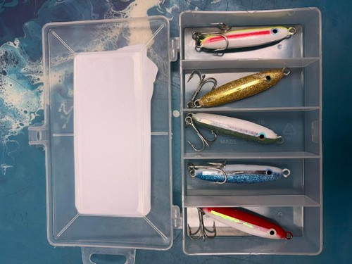 SHORELURE Shore Lure Sting Silver Tackle Box - 2 oz., empty tackle box with five fishing lures inside, including white, gold, pink, blue, and red-colored lures, organized in separate compartments.