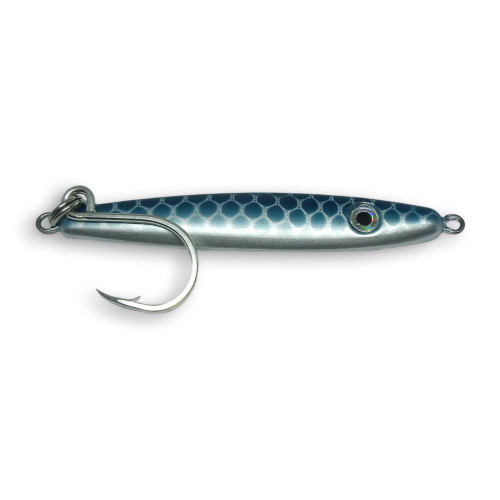 BEACH BUM LURES Beach Bum Gunslinger 1 oz. fishing lure, metallic blue with scale pattern and treble hook.