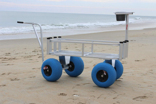 ANGLER'S FISH-N-MATE Fish-N-Mate 839 4 Wheel Cart, aluminum beach fishing cart with four oversized blue balloon wheels, rod holders, and a storage basket on sandy shore