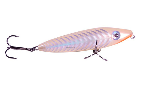 MIRROLURE MirrOlure® C85MR C-Eye Pro Dog Jr. Surface Walker, a fishing lure designed to mimic small fish, with a realistic eye, and equipped with hooks and metal attachments for surface fishing.