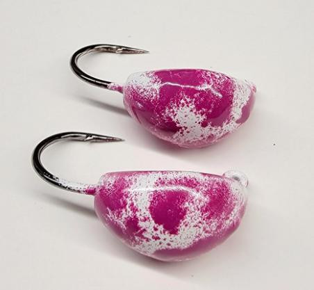 FRISKY FINS Frisky Fins Knocker Jig, pink and white speckled fishing jig with a curved hook.
