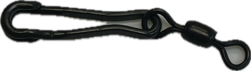 F&F McMahon Clip, black metal fishing clip with adjustable loop and swivel for securing fishing lines or gear.