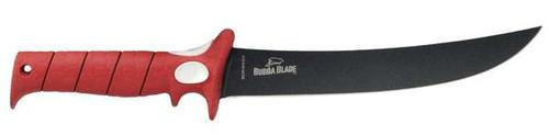 BUBBA BLADE Bubba Blade BB1-9TF 9" Tapered Flex knife, close-up view showing black blade and red handle.