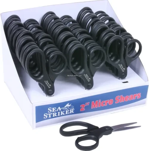 Sea Striker SSMS2-36 2-inch Braid Scissor, a display of black stainless steel scissors with ergonomic handles for fishing line cutting.