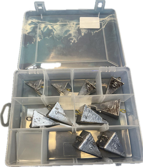 F&F Sinker Kit, a transparent plastic storage box containing various silver fishing sinkers in different sizes and shapes.