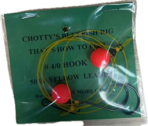 JOE MOORE Chotty's Bluefish Rig, fishing tackle with yellow wire loop, red floats, and hooks, for saltwater fishing.