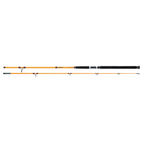 Daiwa FTS Surf Rods, two-piece yellow surf fishing rods with black handles and guides.