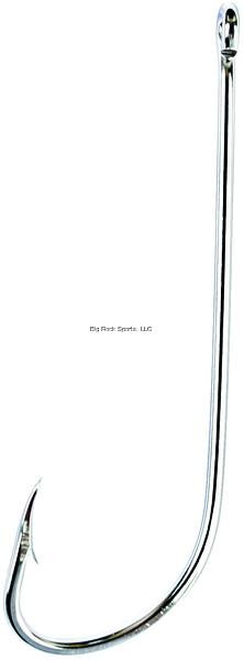 EAGLE CLAW Eagle Claw 066A-2/0 Long Shank Hook, close-up of a shiny, long-shank fishing hook with a sharp, curved point.