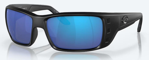 COSTA Costa Sunglasses Permit, image of black sunglasses with blue mirrored lenses and adjustable side panels.
