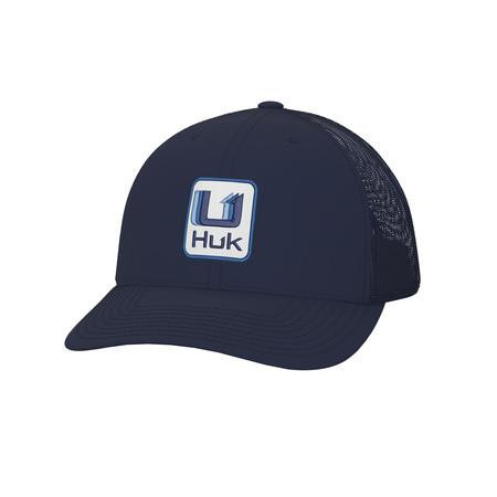HUK UNSTRUCTURED PERFORMANCE HAT, navy blue baseball cap with mesh back and stitched front panel featuring HUK logo patch.