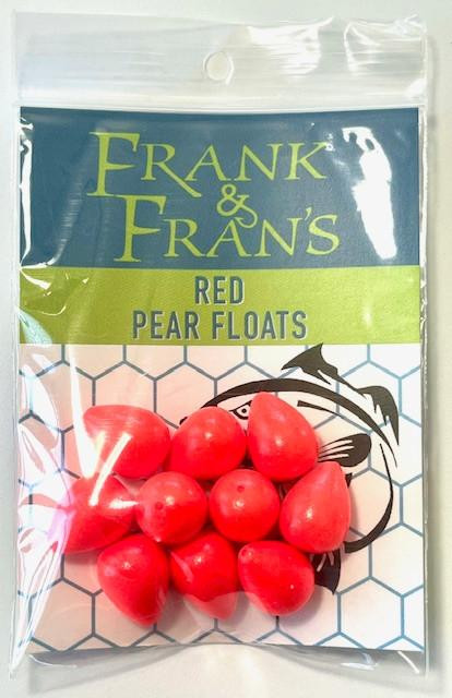 F&F Pear Floats - 10pk, red pear-shaped floats in clear plastic packaging with product branding and design.