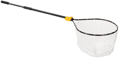 FRABILL Frabill FRBNC1922 Conservation PLD Net, expandable fishing net with a long black handle and a white mesh net for fish conservation and catch-and-release fishing.