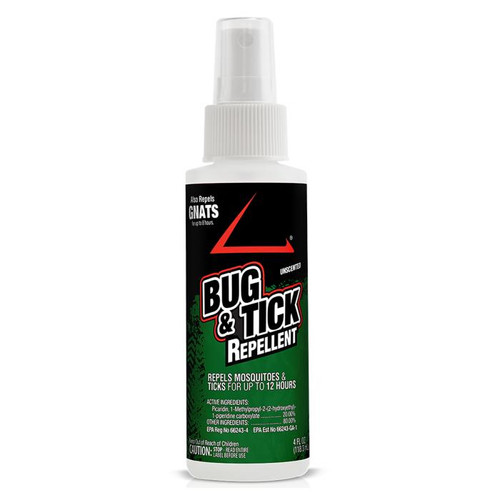 LETHAL 917067-4Z12D3 Bug and Tick Repellent, a white spray bottle with a black and green label showcasing the product name and ingredients for repelling mosquitoes and ticks.