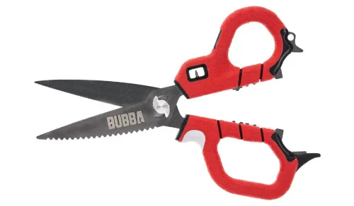 BUBBA BLADE Bubba Shears, red and black multi-purpose scissors with ergonomic handles for fishing, hunting, and outdoor use.