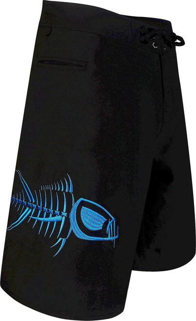 TORMENTER Tormenter Waterman Board Short, black swim shorts with a blue fish skeleton graphic design on the left leg.