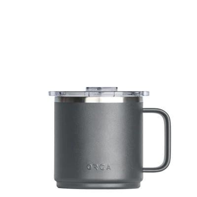 ORCA Orca Camper, insulated travel mug with a matte gray finish and clear lid.
