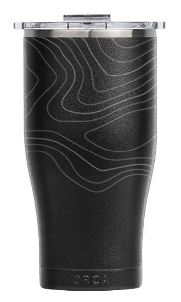 ORCA Orca 27oz Chaser, black insulated travel mug with top lid and abstract line design on the surface.