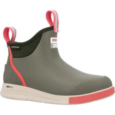 XTRATUF Xtratuf ADSW-302 Women's Deck Boot Sport, close-up of gray waterproof boot with red accents and pull tabs on heel and front.