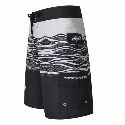 TORMENTER Tormenter Board Short Kalakaua, men's black and white surfboard shorts with fish print and multiple pockets.