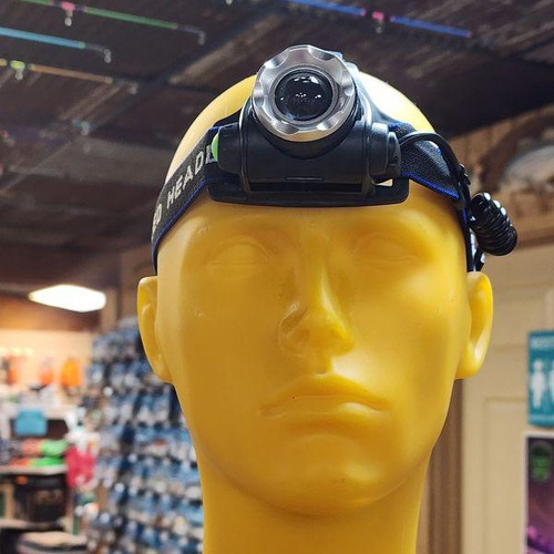 F&F 4-in-1 LED High Power Headlamp, yellow mannequin head displaying the headlamp equipped with adjustable straps and a bright LED light for outdoor activities.
