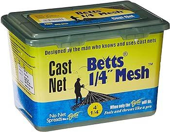 BETTS TACKLE Betts 25 Series Mono Bait Cast Net, a green and yellow fishing cast net with a label showcasing its features and brand.