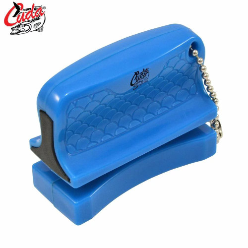 Cuda Cuda Knife Sharpener, blue plastic handheld knife sharpening tool with a textured grip and a ball chain attachment feature.