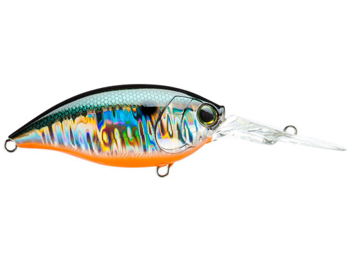 Duel Crank, brightly colored fishing lure with holographic fish pattern and clear plastic lip for diving.