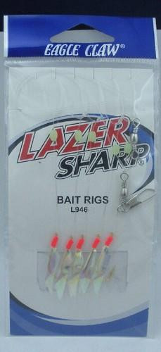 EAGLE CLAW Eagle Claw L946-4 Lazer Sharp Bait - image of bait rig pack with four bait rigs, fishing hooks, and metal swivel in a plastic package.