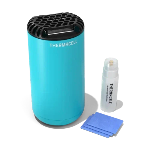 Thermacell MR-PSB Patio Shield, cordless mosquito repellent gadget with blue casing, refill cartridge, and mosquito repellent pads.