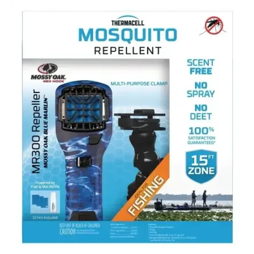 THERMACELL Thermacell MR300MO Mossy Oak Mosquito Repellent device, featuring a Mossy Oak camouflage pattern, multi-purpose clamp, and portable design for outdoor fishing and camping.
