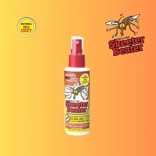 Skeeter Beater Mo's OBX Skeeter Beater, a natural insect repellent spray with a cartoon mosquito illustration on the bottle.