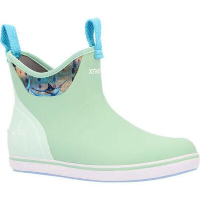 XTRATUF Xtratuf XWABGH30 Women's Ankle Deck Boot, light green waterproof ankle boot with blue pull tabs and reflective patterned inner lining.