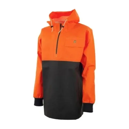 GUY COTTEN Guy Cotten Chinook Pullover, bright orange and black waterproof outdoor jacket with a hood, quarter zip front, and adjustable cuffs.