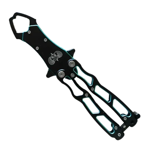 TOADFISH Toadfish Stowaway Fish Grip, compact fish gripping tool with black and teal design and integrated carabiner for easy attachment.