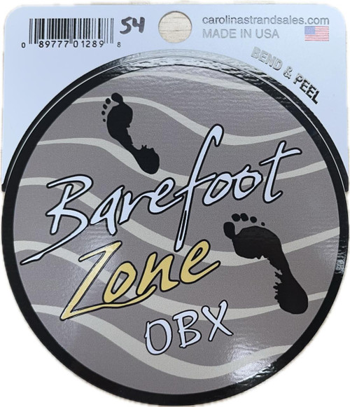 CAROLINA STRAND SALES Barefoot Zone OBX Sticker, round sticker with footprints and waves design