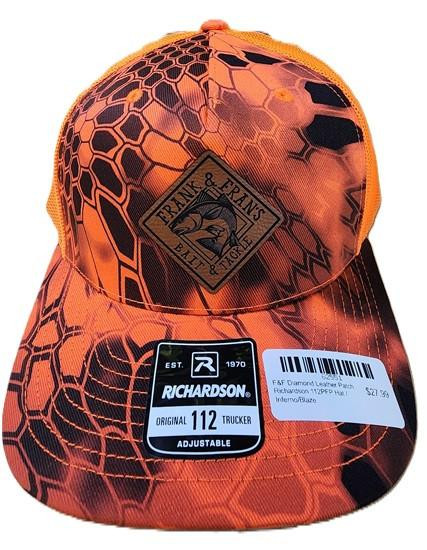 F&F Diamond Leather Patch Richardson 112PFP Hat, orange camo baseball cap with a leather patch and adjustable strap.