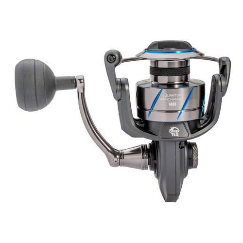 Quantum Quantum Benchmark Spinning Reel, a high-performance fishing reel with a metallic gray and blue color scheme, featuring a robust spool, ergonomic handle, and advanced gear technology.