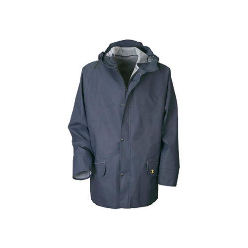 Guy Cotten Isoder Jacket - Glentex, navy blue waterproof jacket with a hood, front zipper, and snap buttons, designed for outdoor protection against rain.