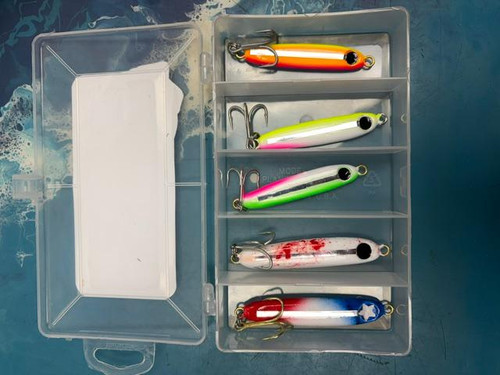 ES LURES ES Lures Tackle Box - 1.25 & 2 oz, clear plastic tackle box containing five fishing lures with treble hooks in various colors including orange, white, pink, and blue.