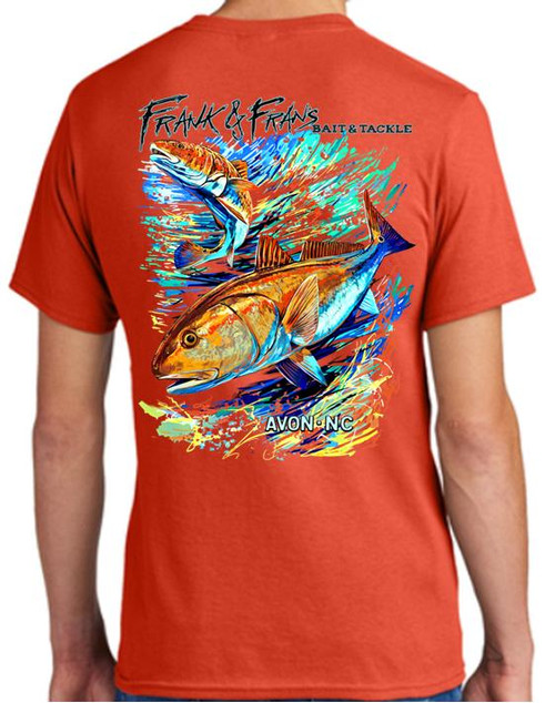 F&F Drum Splash Short Sleeve with Pocket, colorful fishing-themed T-shirt with fish graphic and text, back view.