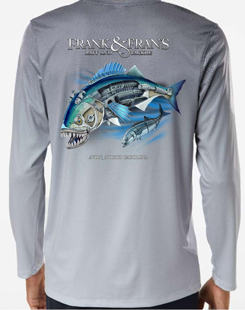 F&F Robo Bluefish Wicking, long sleeve fishing shirt with a graphic of mechanical bluefish on the back.